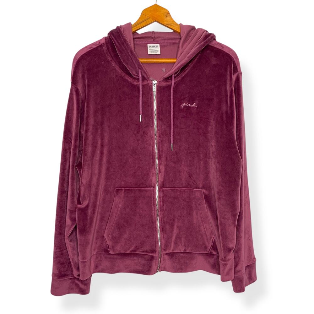 Victoria's Secret Pink women's purple logo velour zip up hooded sweatshirt XXL